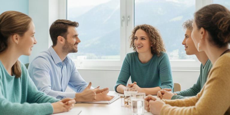 Lernende arbeiten in einem hellen Deutschkursraum in Naters an einem Gesprächsblatt