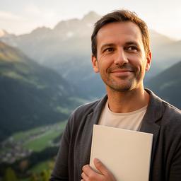 Deutschlehrer Pirmin Hamra mit Notizbuch vor der Walliser Berglandschaft