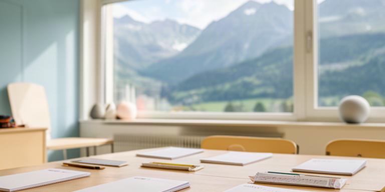 Helle Sprachschule in Naters mit Holztischen, Lehrbüchern und Blick auf die Walliser Berge