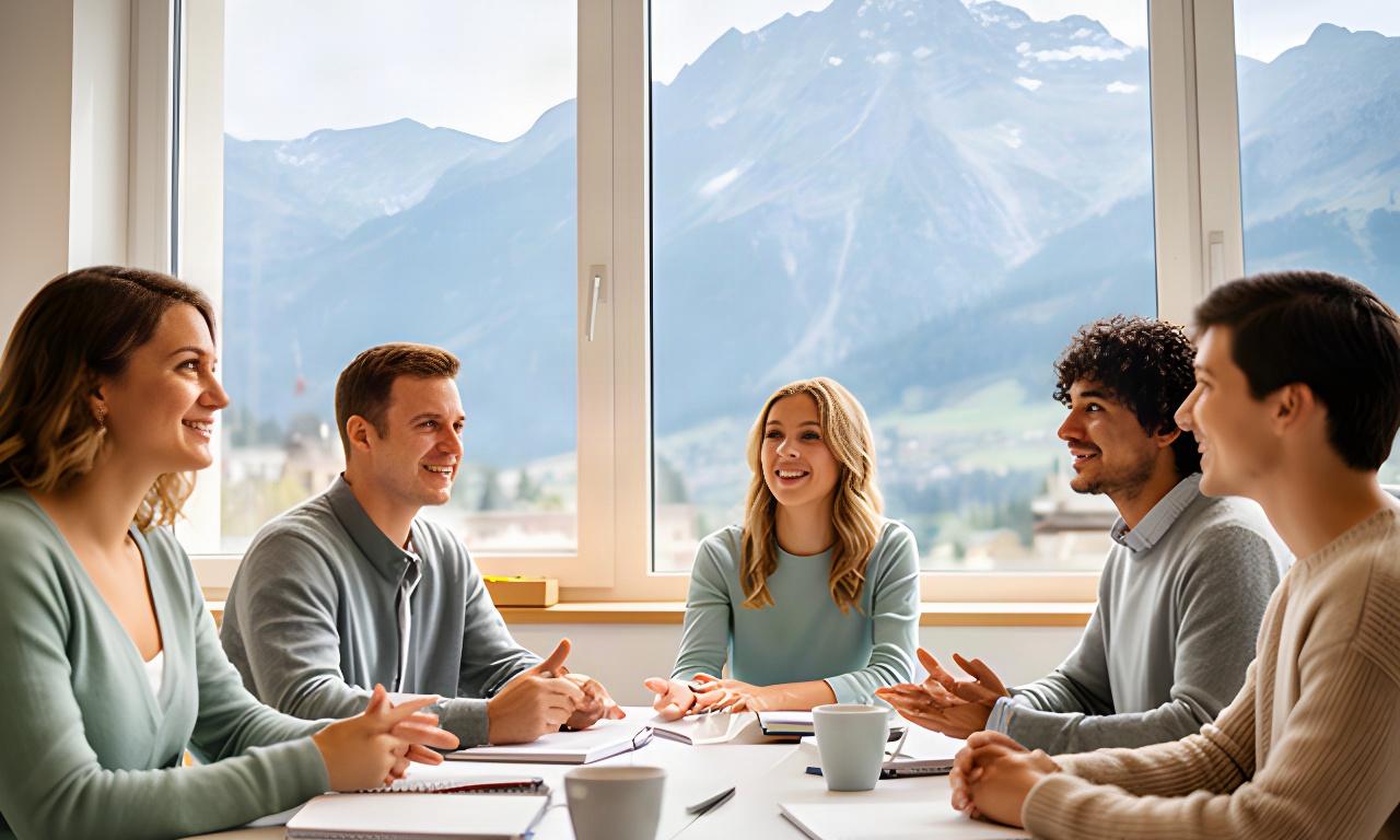 Lernende sprechen in einem hellen Klassenzimmer mit Blick auf die Walliser Berge