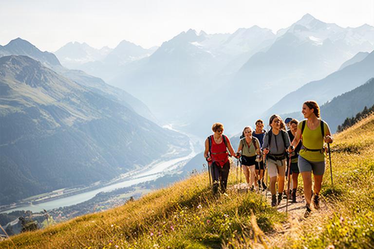 Deutschlernende wandern mit einer Bergführerin über einen sonnigen Walliser Höhenweg