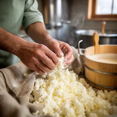 Hände formen frischen Käse in einer kleinen Walliser Sennerei