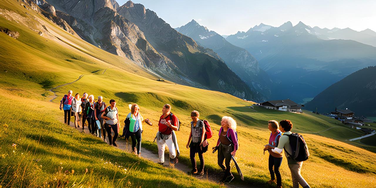 Gruppe bei einer geführten Wanderung durch eine sonnige Walliser Alpenlandschaft