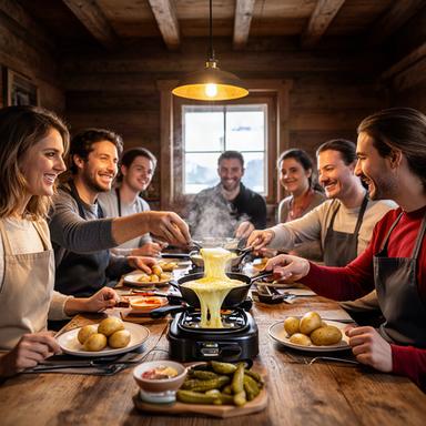 Teilnehmende bereiten Raclette in einer gemütlichen Alphütte zu